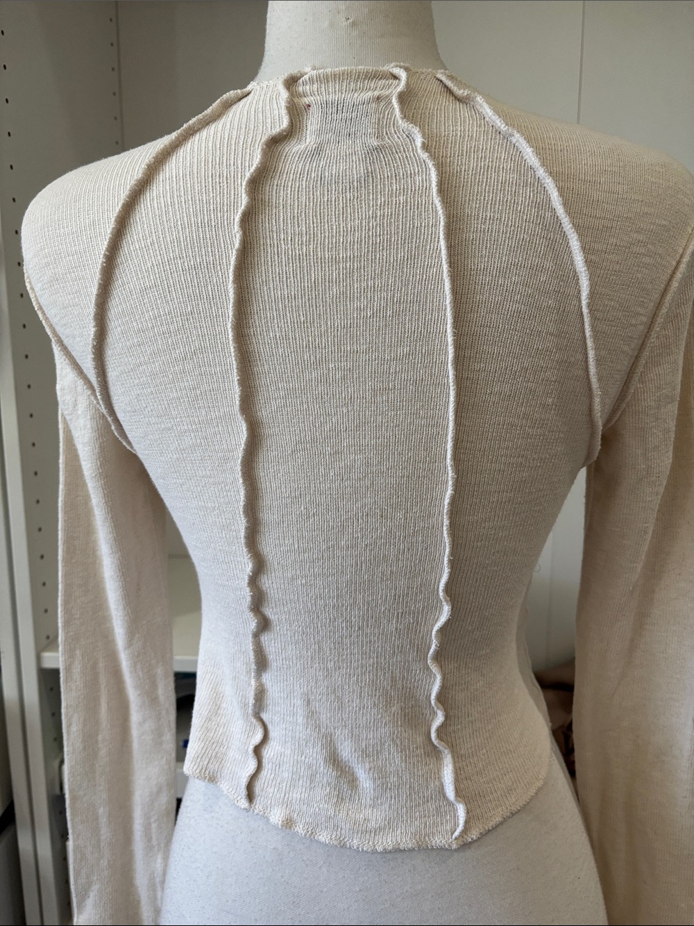 Cream Long-Sleeve Textured Ruffle-Trim Top - Picture 4 of 10